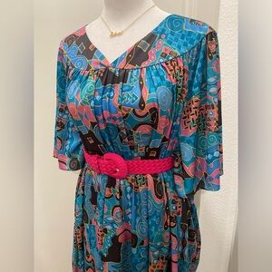 VTG 80s 90s Anthony Richards Blue & Pink Retro Maxi House Dress Kaftan Muumuu